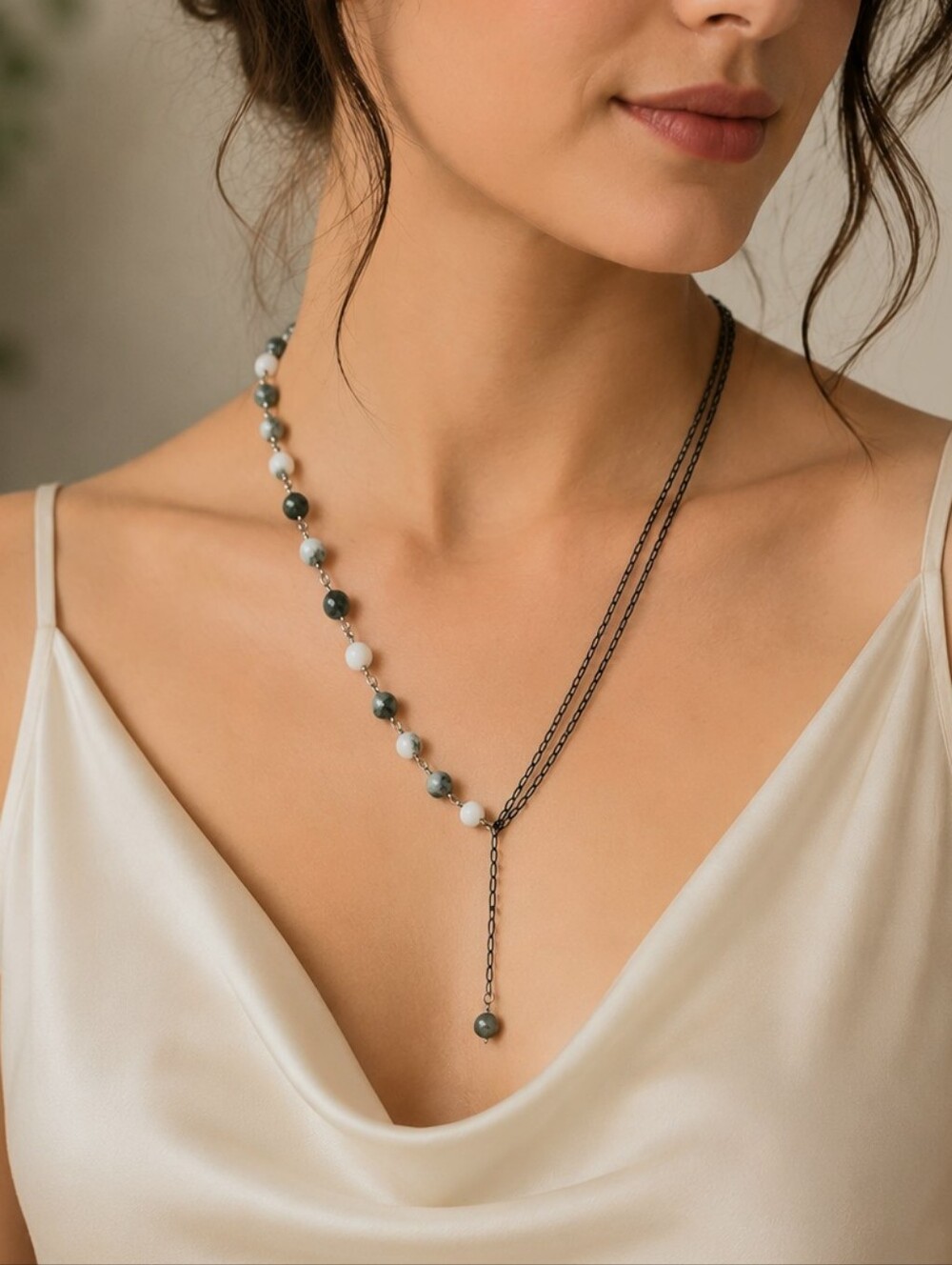 Handcrafted Boho Tree Agate Beaded Lariat Necklace With Black Chain